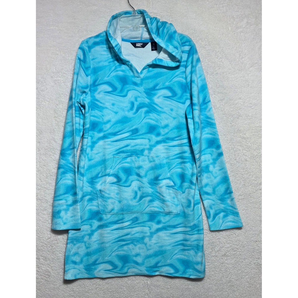 Lands End Girls XL 14-16 Terry Cloth Swim Cover Up Hoodie Turquoise Swirl